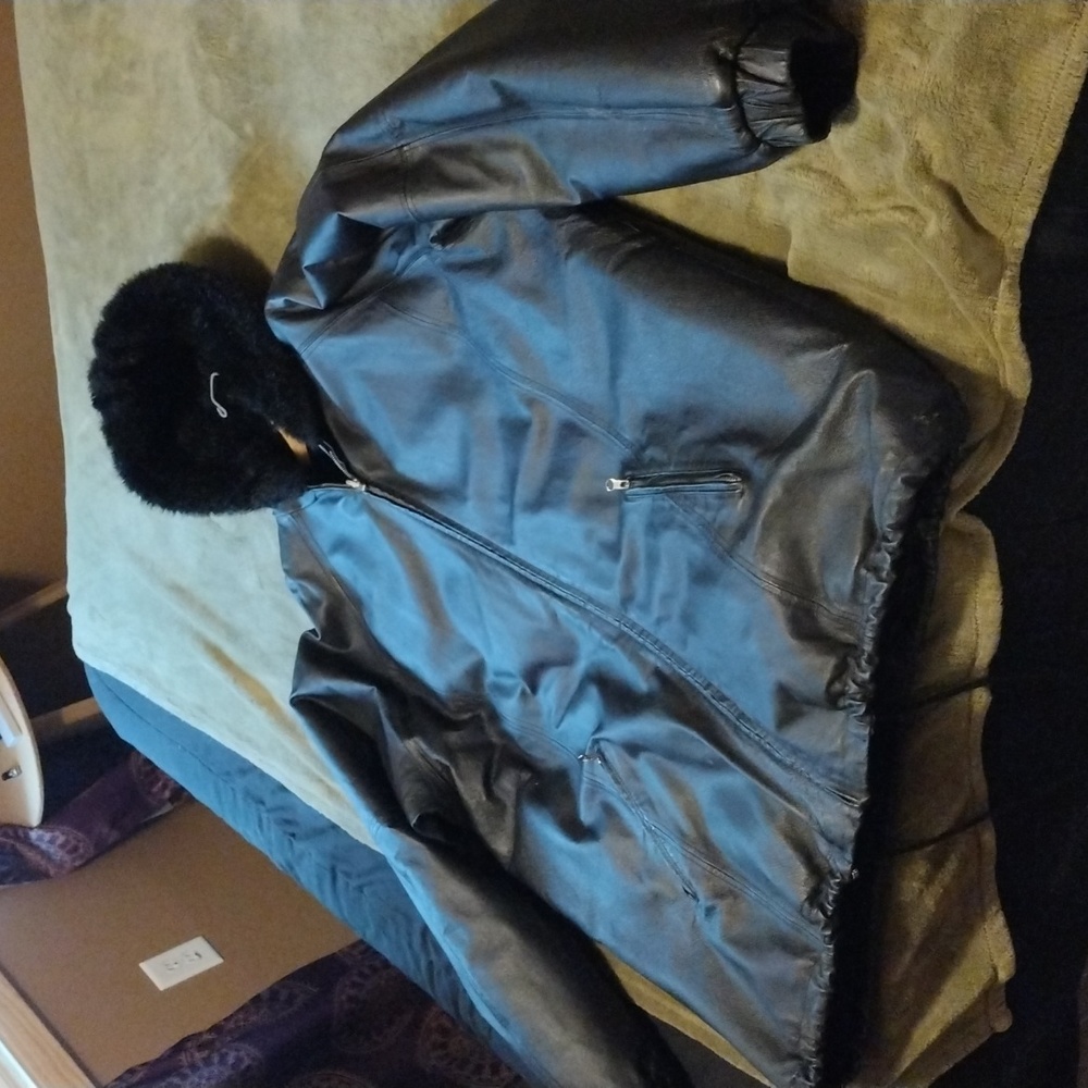 Reversible leather, faux fur coat jacket